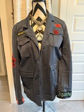 Navy Patch-Embellished Military Style Jacket elan M
